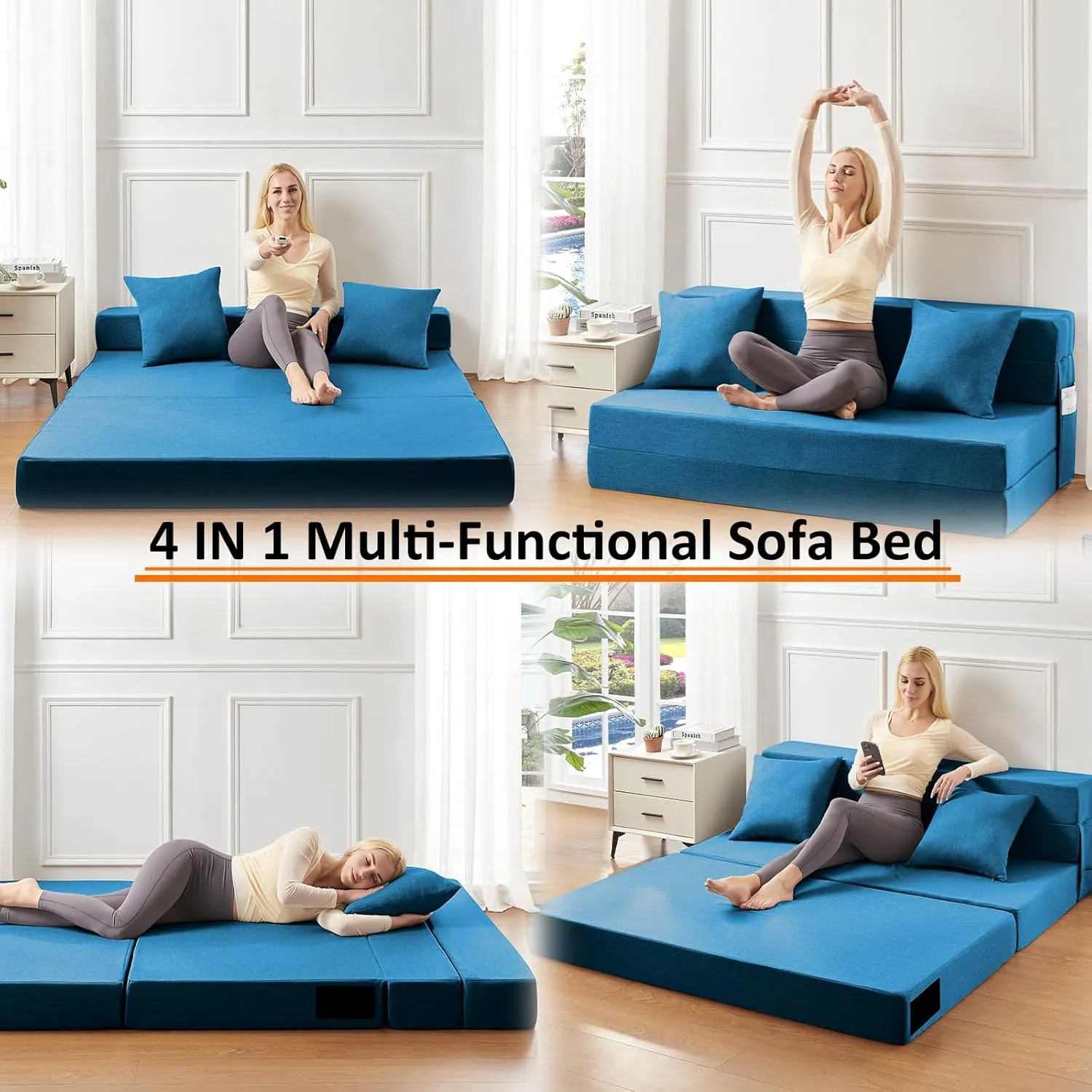 JKMAX Queen Size Folding Sofa Bed - 4 in 1 Futon Chair with Two Pillows - High Density Memory Foam Foldable Couch - Convertible Folding Bed with Washable Modern Linen Cover for Home Office (Blue)