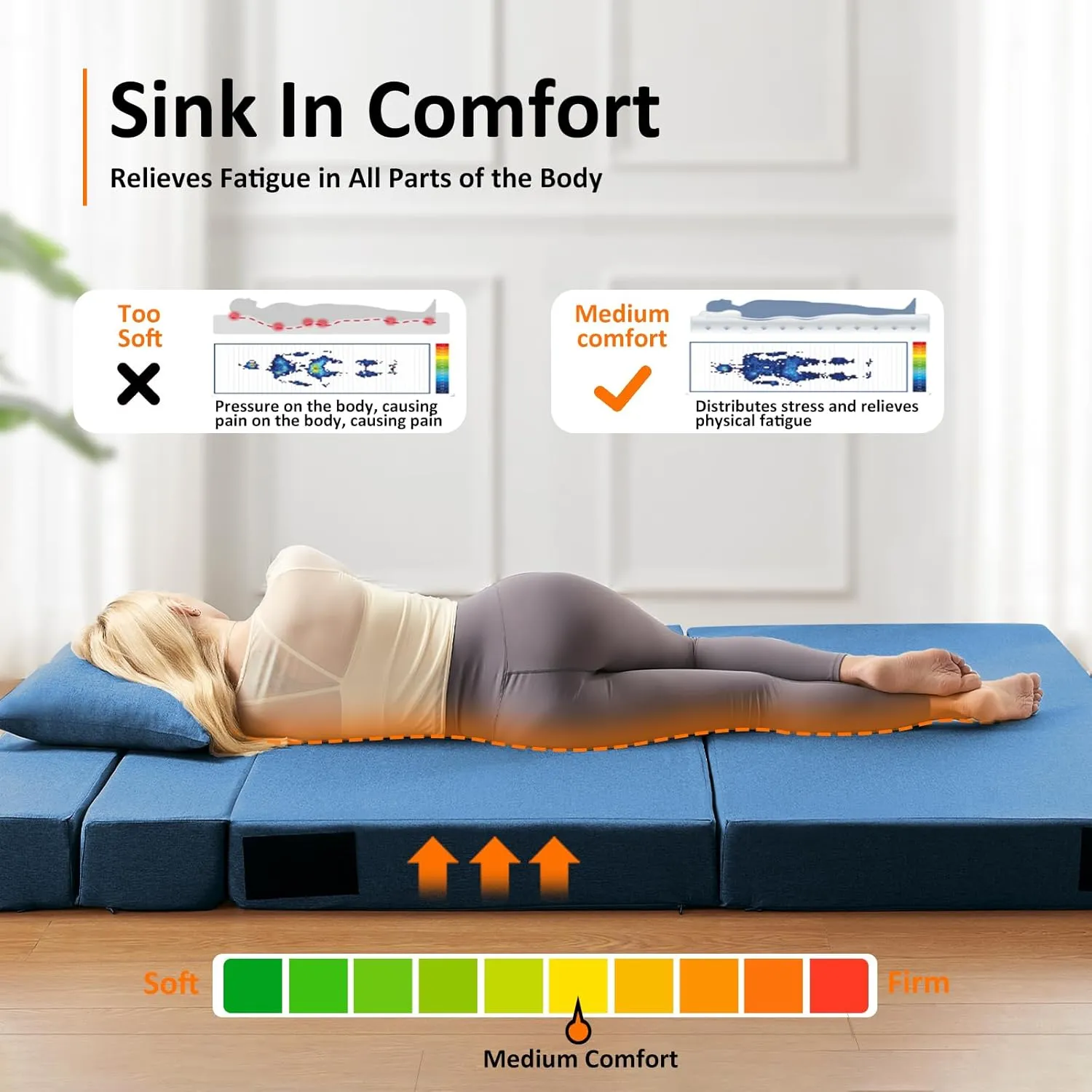 JKMAX Queen Size Folding Sofa Bed - 4 in 1 Futon Chair with Two Pillows - High Density Memory Foam Foldable Couch - Convertible Folding Bed with Washable Modern Linen Cover for Home Office (Blue)