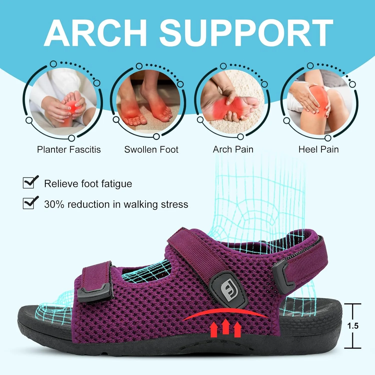 JOINFREE Womens Orthopedic Walking Hiking Sandals Adjustable Open Toe Sports Water Sandals with Plantar Fasciitis Arch Support Thick Athletic Cushion Outdoor Beach Sandals