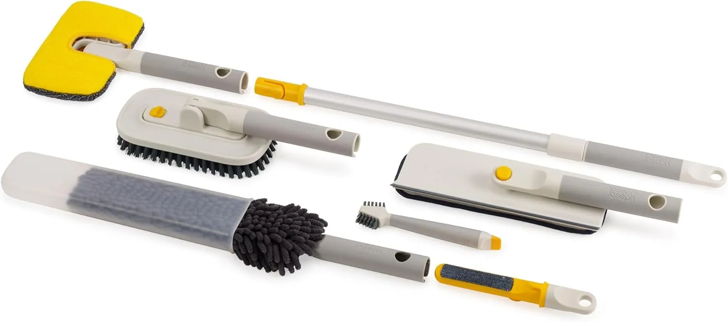 Joseph Joseph CleanTech 6-Piece Cleaning Set with Extension Handle, Includes: Glass Cleaner w/Squeegee, Tile Scrubber, Grout Brush, Surface Cleaner and Duster with Telescopic Pole for Ceiling Fan