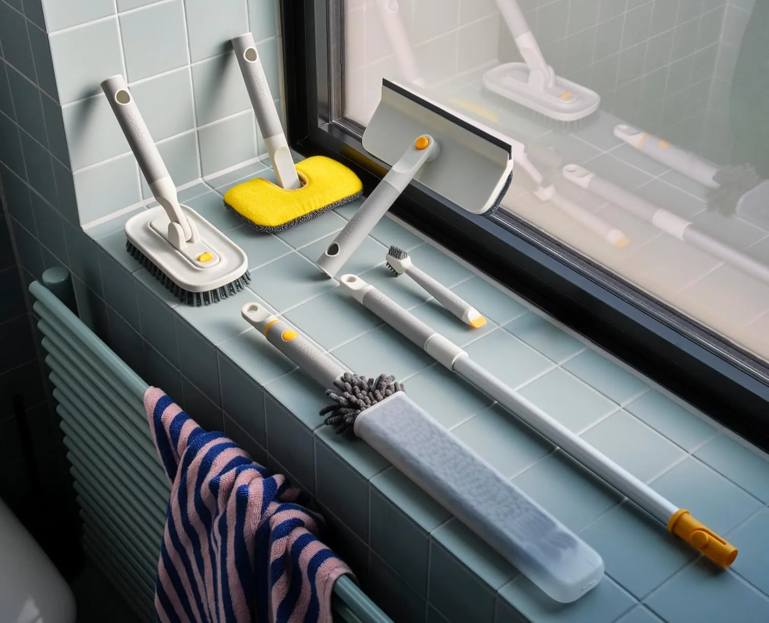 Joseph Joseph CleanTech 6-Piece Cleaning Set with Extension Handle, Includes: Glass Cleaner w/Squeegee, Tile Scrubber, Grout Brush, Surface Cleaner and Duster with Telescopic Pole for Ceiling Fan