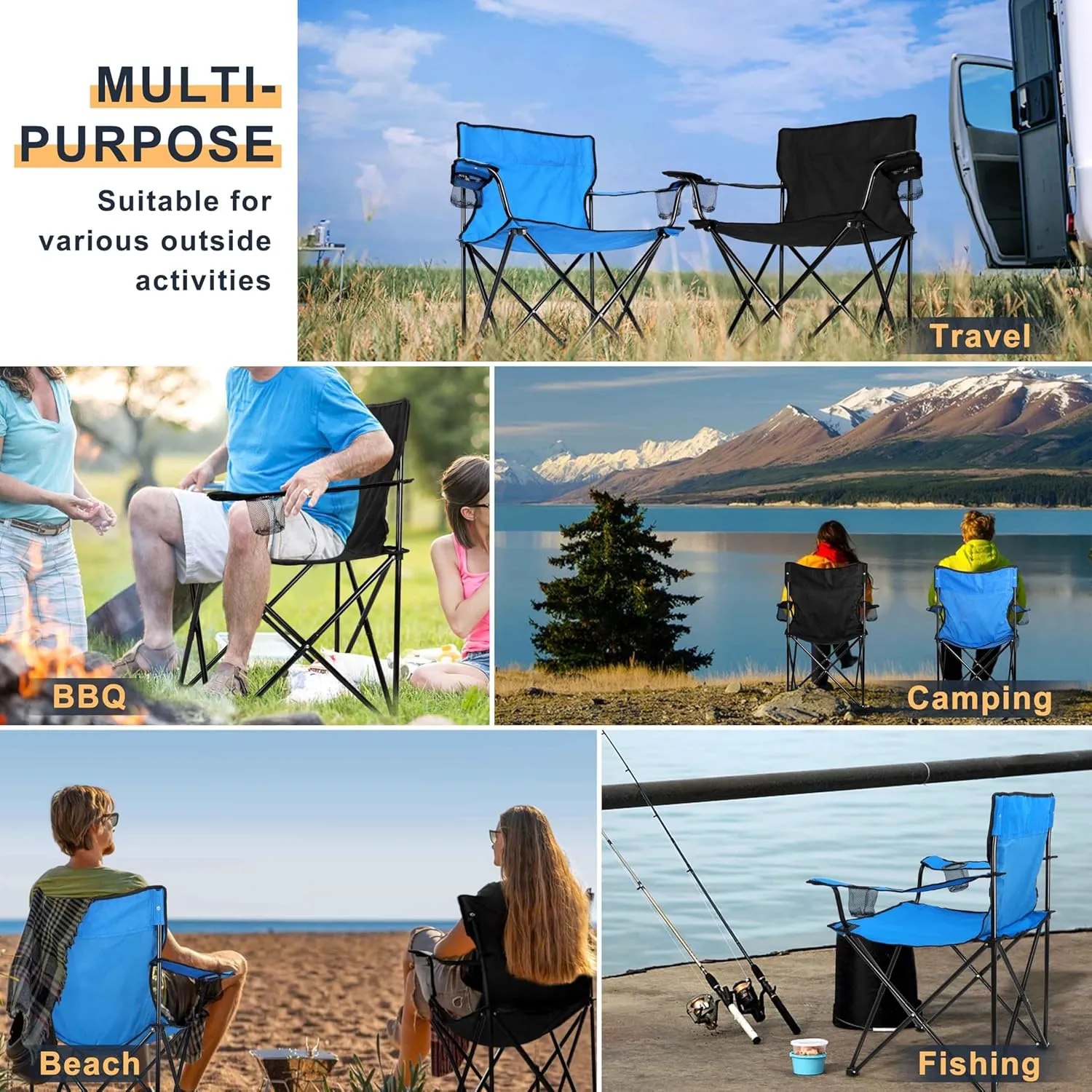 Joyfair Portable Camping Chair, Outdoor Lawn Folding Chairs for Adults, Heavy Duty Large Foldable Chairs for Beach, Fishing, Tailgating Outdoor Sport, 2 Cup Holders & Carry Bag