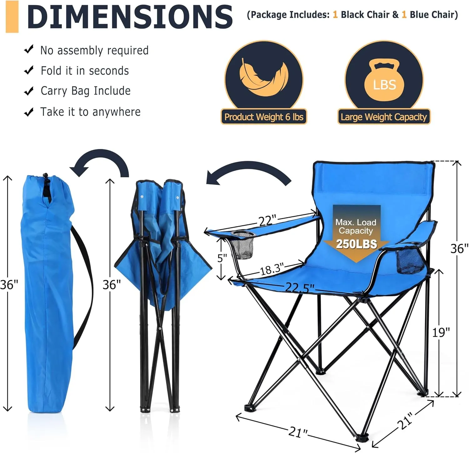 Joyfair Portable Camping Chair, Outdoor Lawn Folding Chairs for Adults, Heavy Duty Large Foldable Chairs for Beach, Fishing, Tailgating Outdoor Sport, 2 Cup Holders & Carry Bag