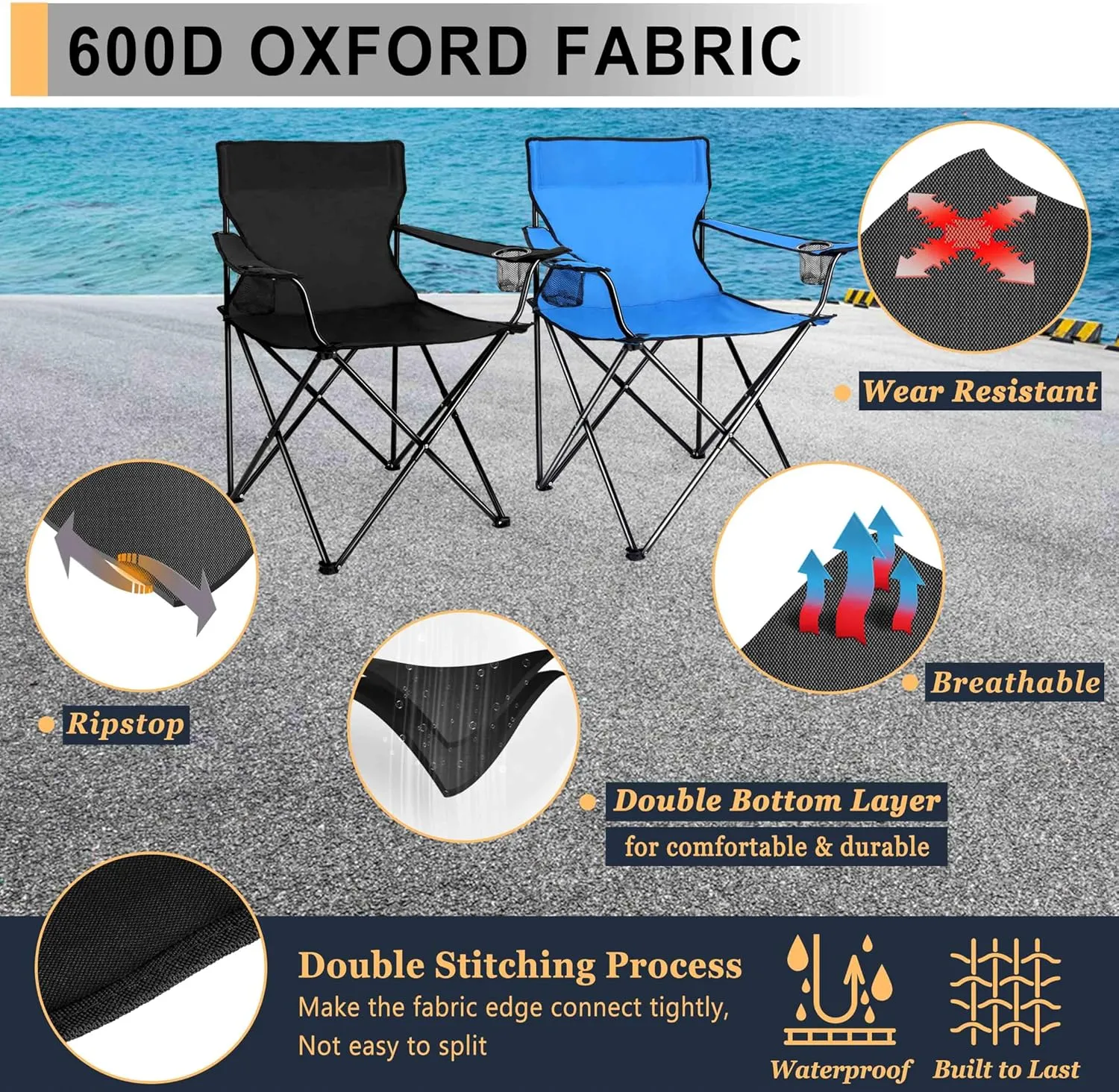 Joyfair Portable Camping Chair, Outdoor Lawn Folding Chairs for Adults, Heavy Duty Large Foldable Chairs for Beach, Fishing, Tailgating Outdoor Sport, 2 Cup Holders & Carry Bag