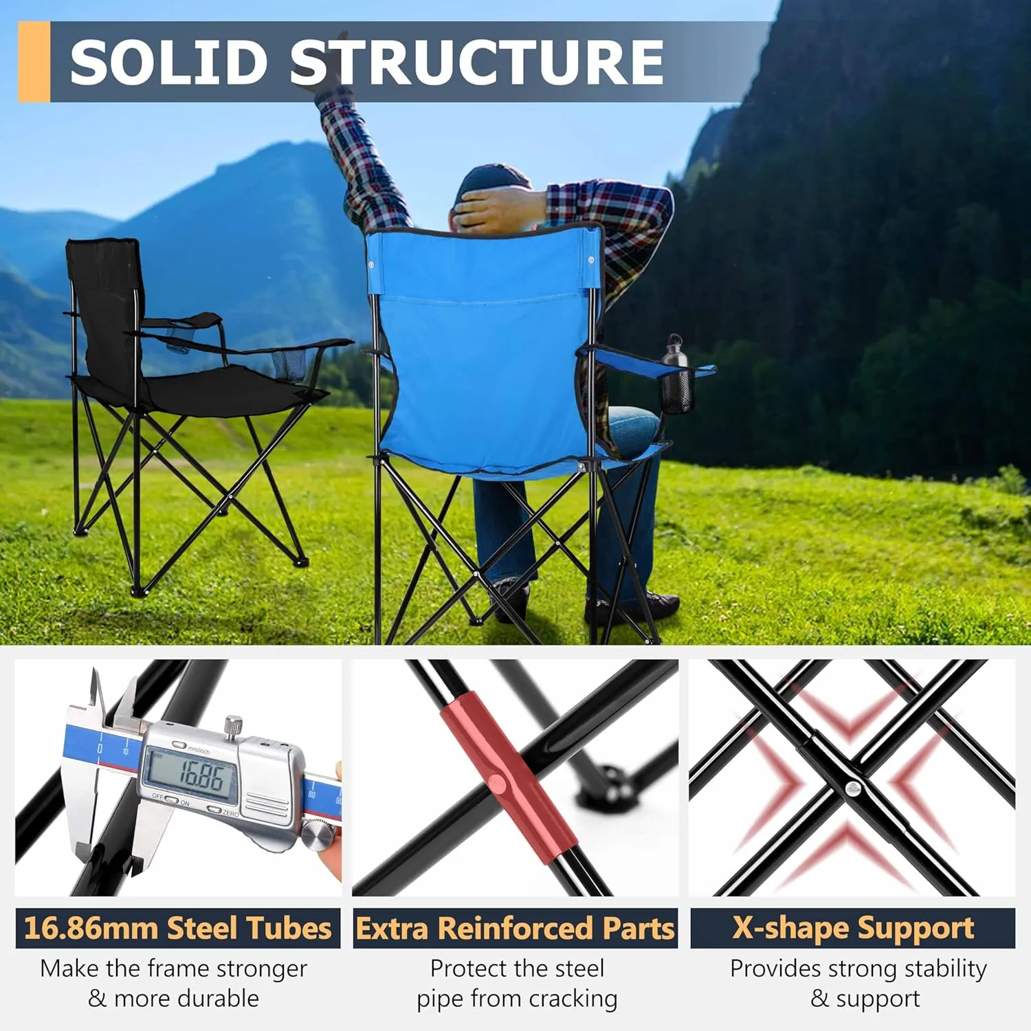 Joyfair Portable Camping Chair, Outdoor Lawn Folding Chairs for Adults, Heavy Duty Large Foldable Chairs for Beach, Fishing, Tailgating Outdoor Sport, 2 Cup Holders & Carry Bag