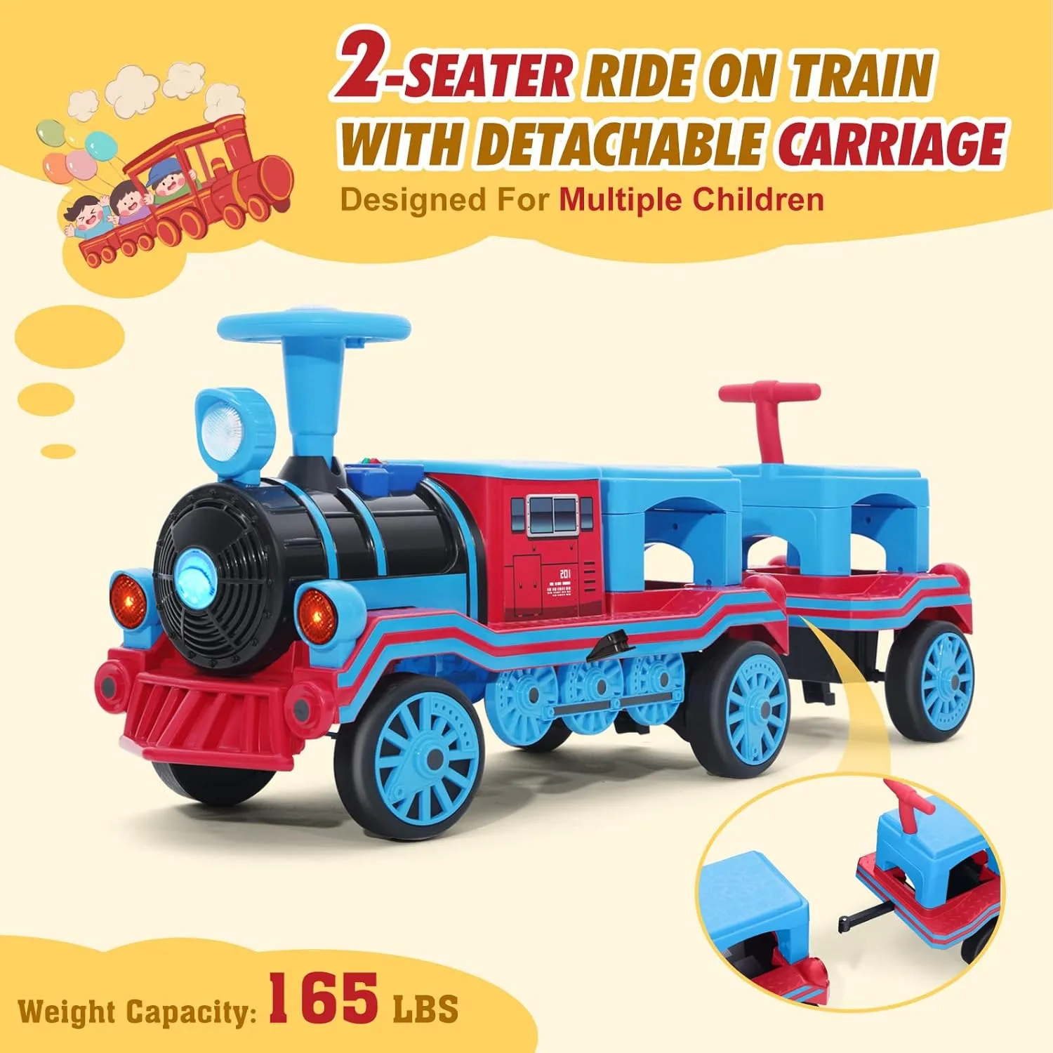 JOYLDIAS 2 Seater Ride On Train with Detachable Carriage, 12V Kids Ride On Toy with Music, Train Honk, Lights, High/Low Speed and Storage, Electric Car for Kids Aged 3 , Blue