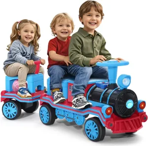 JOYLDIAS 2 Seater Ride On Train with Detachable Carriage, 12V Kids Ride On Toy with Music, Train Honk, Lights, High/Low Speed and Storage, Electric Car for Kids Aged 3 , Blue