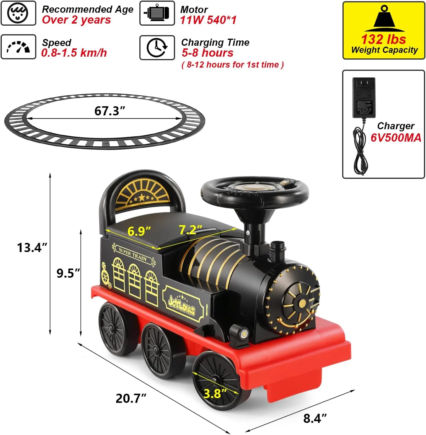 JOYLDIAS 3-in-1 Ride On Train with 16pcs Curved Tracks, 6V Electric Ride On Toy Train for Kids with Lights, Horns, Storage, Retractable Foot Pedals for Toddlers Under 39 inch, Black