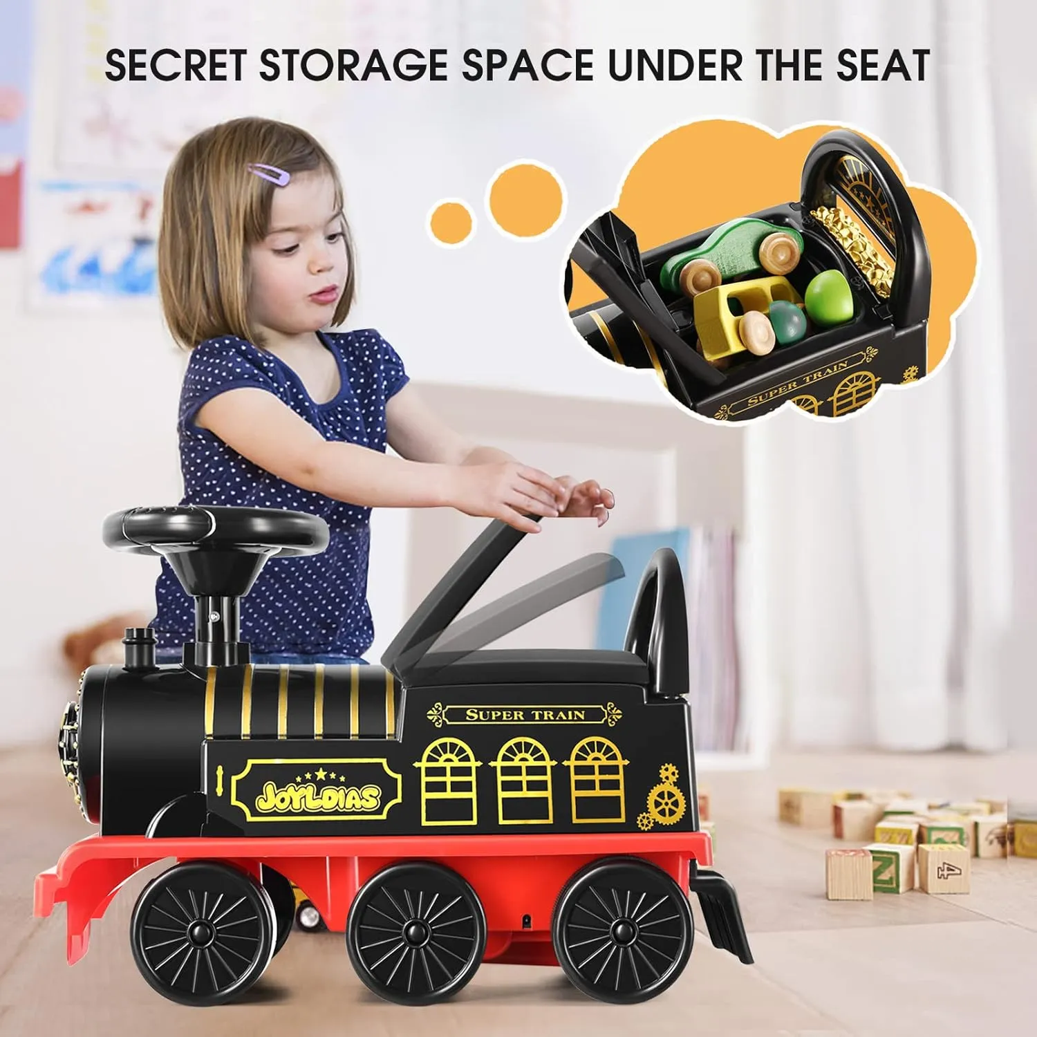 JOYLDIAS 3-in-1 Ride On Train with 16pcs Curved Tracks, 6V Electric Ride On Toy Train for Kids with Lights, Horns, Storage, Retractable Foot Pedals for Toddlers Under 39 inch, Black