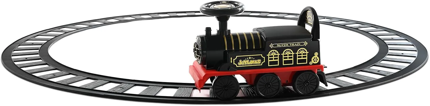 JOYLDIAS 3-in-1 Ride On Train with 16pcs Curved Tracks, 6V Electric Ride On Toy Train for Kids with Lights, Horns, Storage, Retractable Foot Pedals for Toddlers Under 39 inch, Black