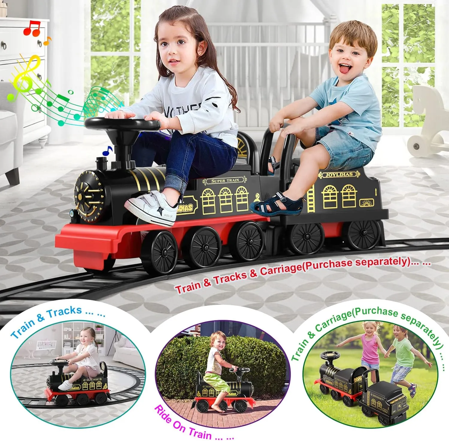 JOYLDIAS 3-in-1 Ride On Train with 16pcs Curved Tracks, 6V Electric Ride On Toy Train for Kids with Lights, Horns, Storage, Retractable Foot Pedals for Toddlers Under 39 inch, Black