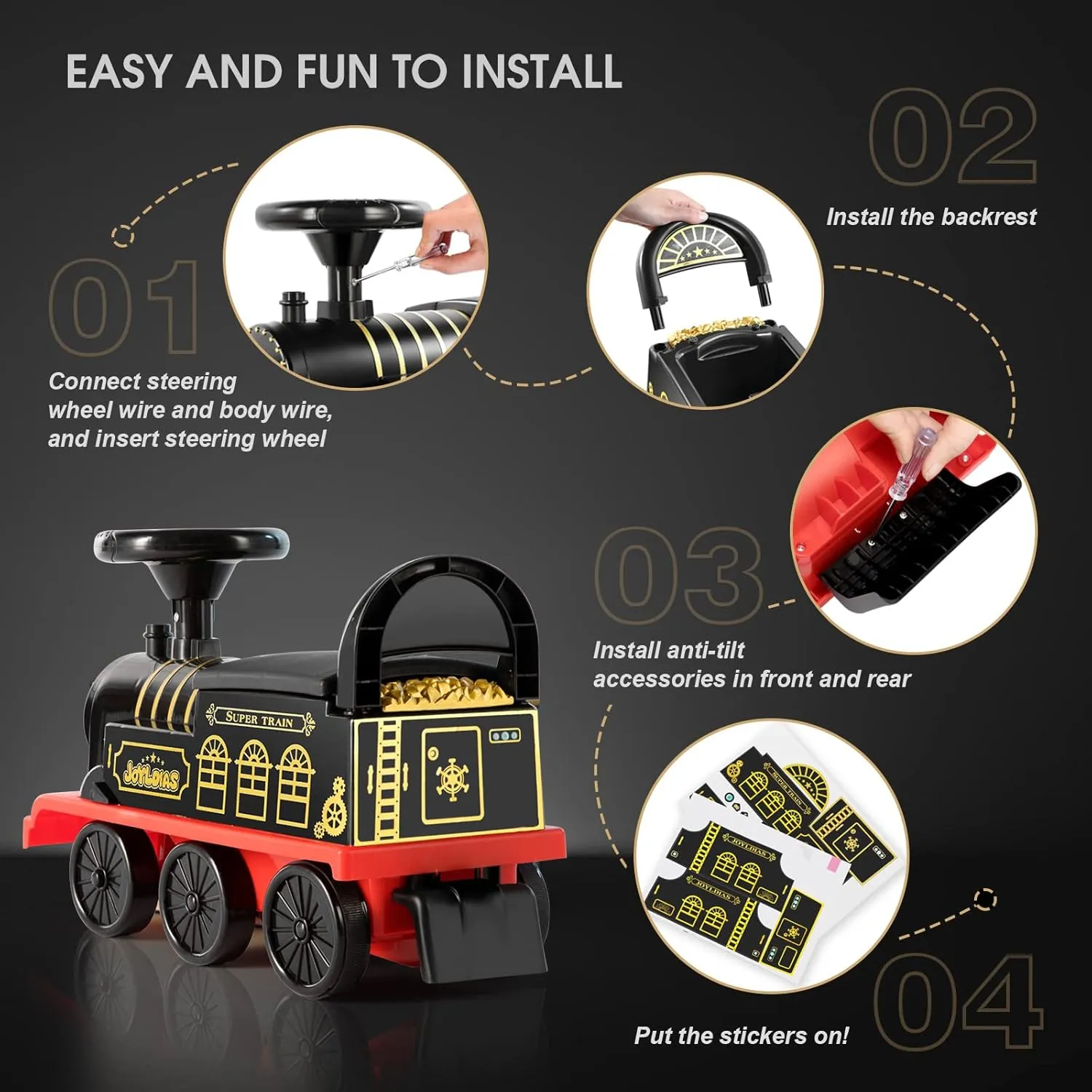 JOYLDIAS 3-in-1 Ride On Train with 16pcs Curved Tracks, 6V Electric Ride On Toy Train for Kids with Lights, Horns, Storage, Retractable Foot Pedals for Toddlers Under 39 inch, Black