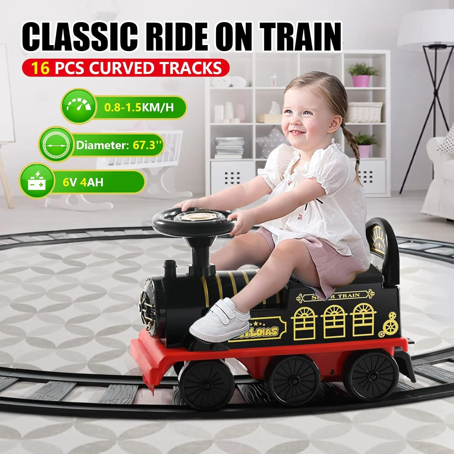 JOYLDIAS 3-in-1 Ride On Train with 16pcs Curved Tracks, 6V Electric Ride On Toy Train for Kids with Lights, Horns, Storage, Retractable Foot Pedals for Toddlers Under 39 inch, Black
