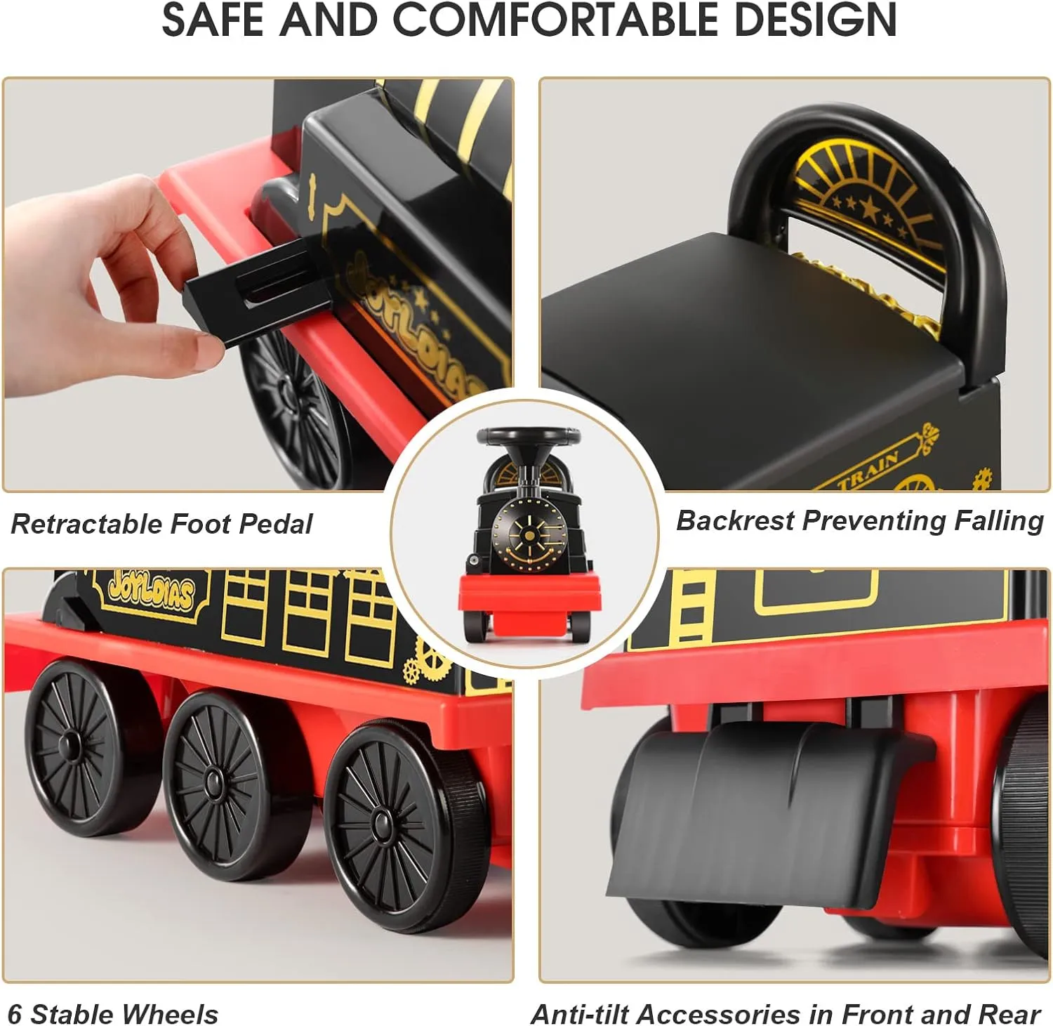 JOYLDIAS 3-in-1 Ride On Train with 16pcs Curved Tracks, 6V Electric Ride On Toy Train for Kids with Lights, Horns, Storage, Retractable Foot Pedals for Toddlers Under 39 inch, Black