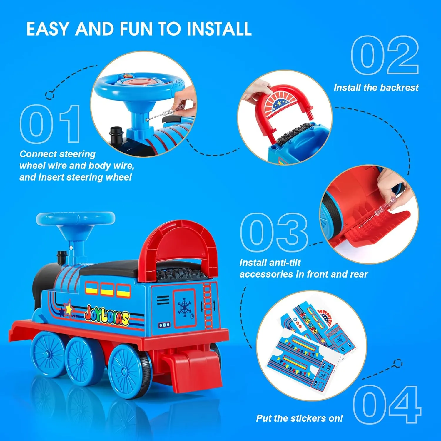 JOYLDIAS Ride On Train with 16pcs Curved Tracks, 6V Electric Ride On Toy Trains with Lights, Horns, Storage, Retractable Foot Pedals, Gift for Toddlers Under 39 inches, Blue