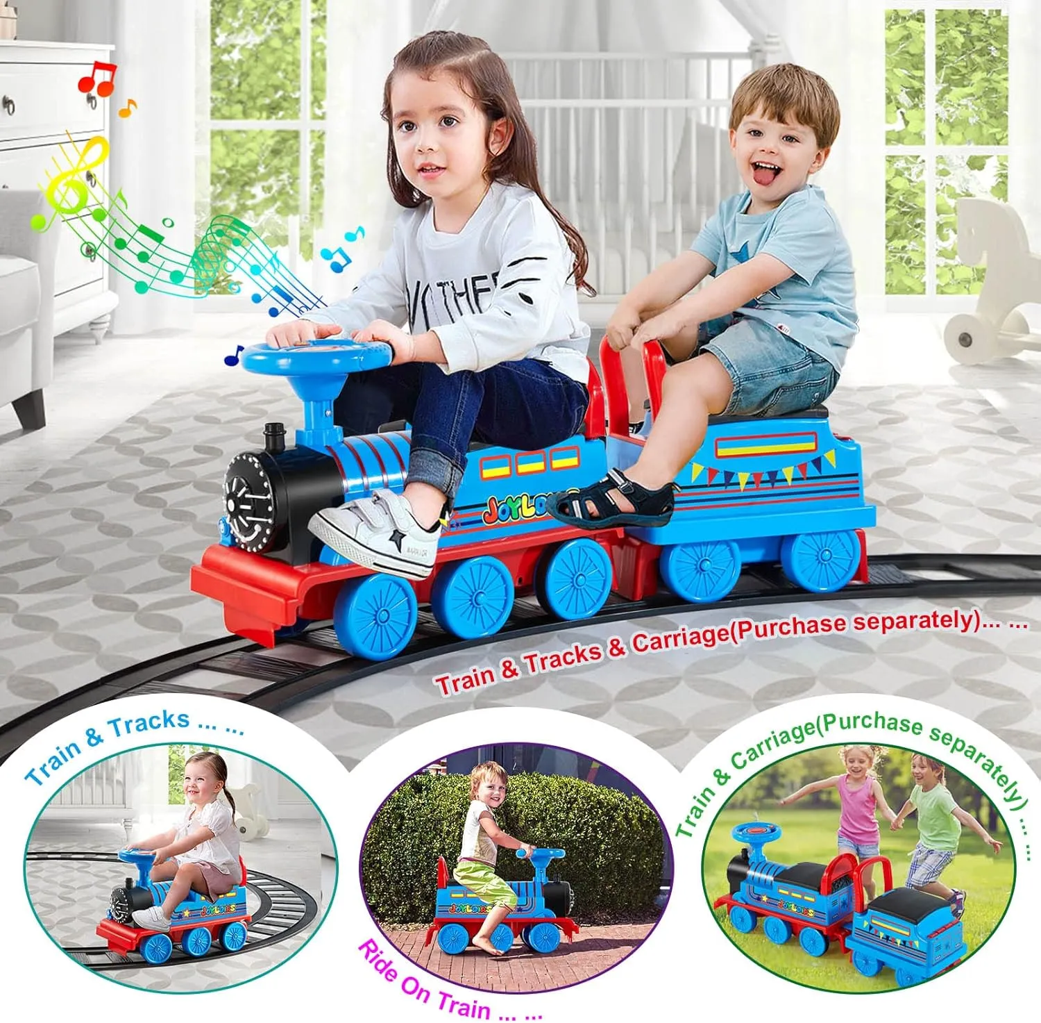 JOYLDIAS Ride On Train with 16pcs Curved Tracks, 6V Electric Ride On Toy Trains with Lights, Horns, Storage, Retractable Foot Pedals, Gift for Toddlers Under 39 inches, Blue