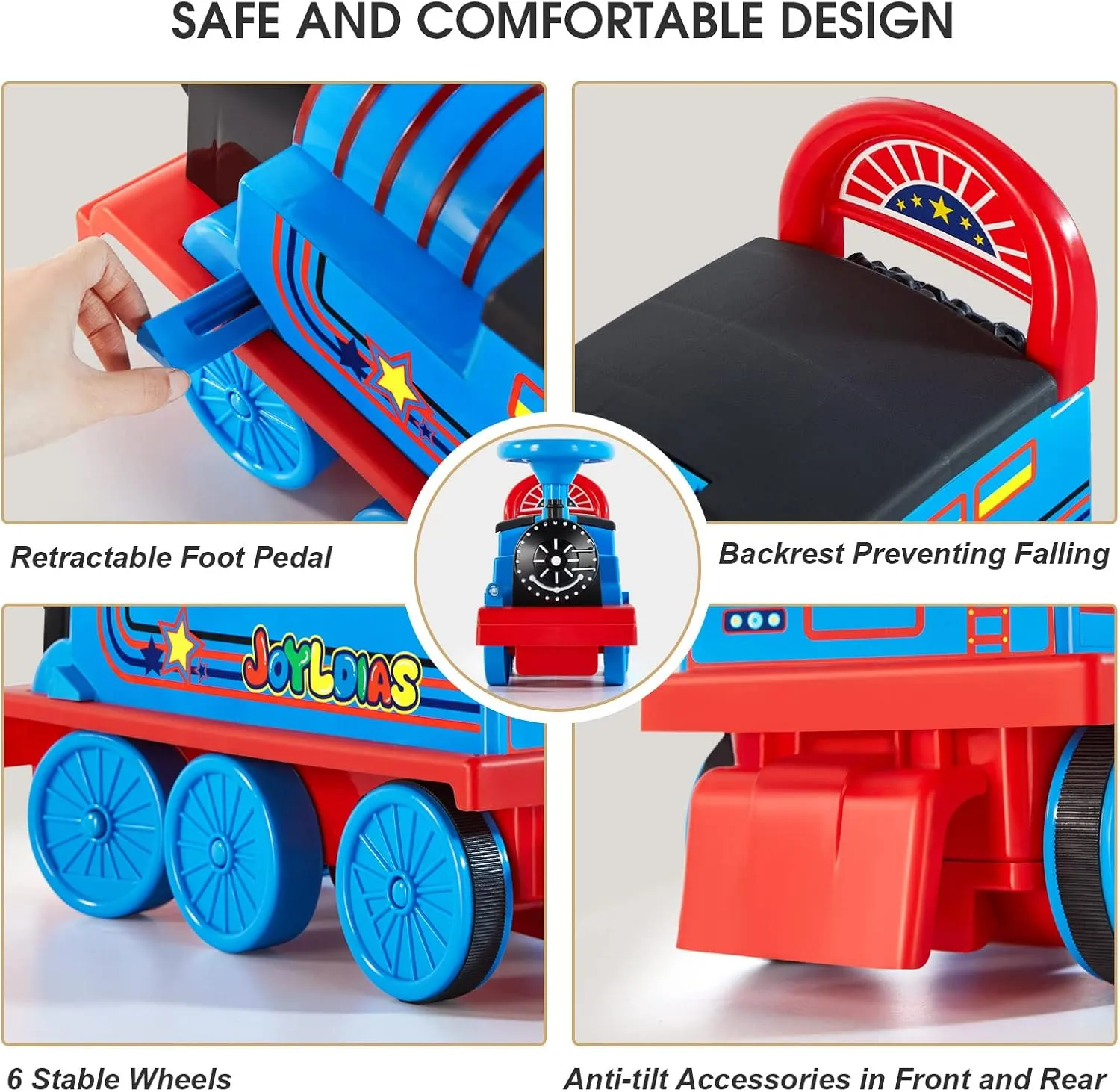 JOYLDIAS Ride On Train with 16pcs Curved Tracks, 6V Electric Ride On Toy Trains with Lights, Horns, Storage, Retractable Foot Pedals, Gift for Toddlers Under 39 inches, Blue