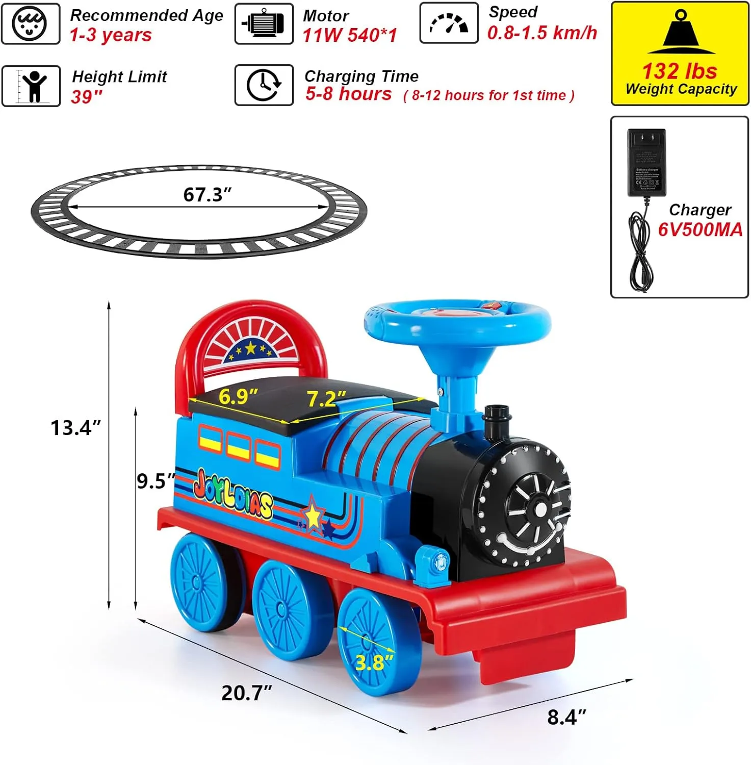 JOYLDIAS Ride On Train with 16pcs Curved Tracks, 6V Electric Ride On Toy Trains with Lights, Horns, Storage, Retractable Foot Pedals, Gift for Toddlers Under 39 inches, Blue