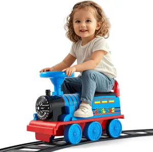 JOYLDIAS Ride On Train with 16pcs Curved Tracks, 6V Electric Ride On Toy Trains with Lights, Horns, Storage, Retractable Foot Pedals, Gift for Toddlers Under 39 inches, Blue