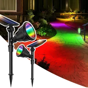 JSOT 2 Pack Color Solar Spot Light for Yard, RGB Solar Light Outdoor Waterproof Color Changing Spotlight Landscape Uplighting with 9 Lighting Options Decor for Backyard Walkway Tree Lawn
