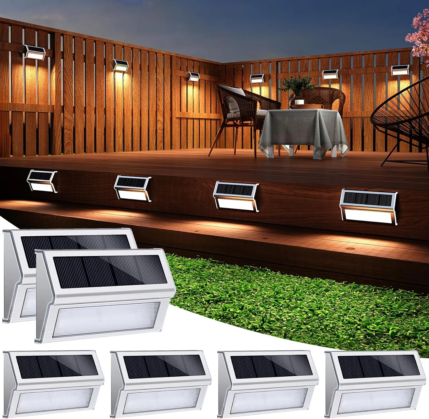 JSOT Solar Fence Lights Outside 6 Pack Solar Outdoor Lights Waterproof with 9 LED Step Light for Garden Backyard Patio Yard Wall Stair Pool Post Lamp Lighting, Cool White Light