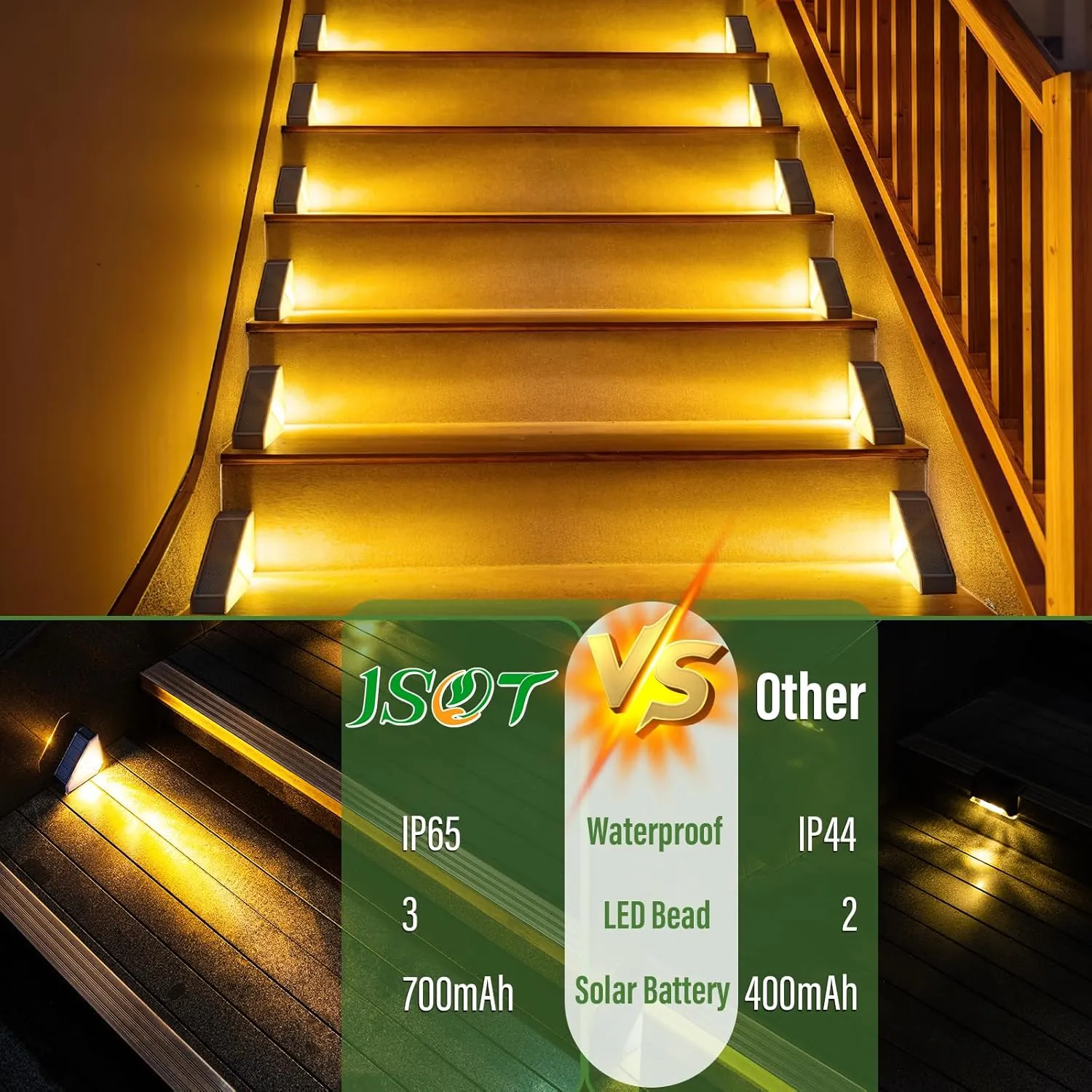 JSOT Solar Step Stair Lights Outdoor Waterproof for Yard Lighting Decor, 16 Pack Solar Powered Deck Fence Lights Outside, Solar Garden Light for Backyard, Front Porch Step, Balcony, Wall, Patio