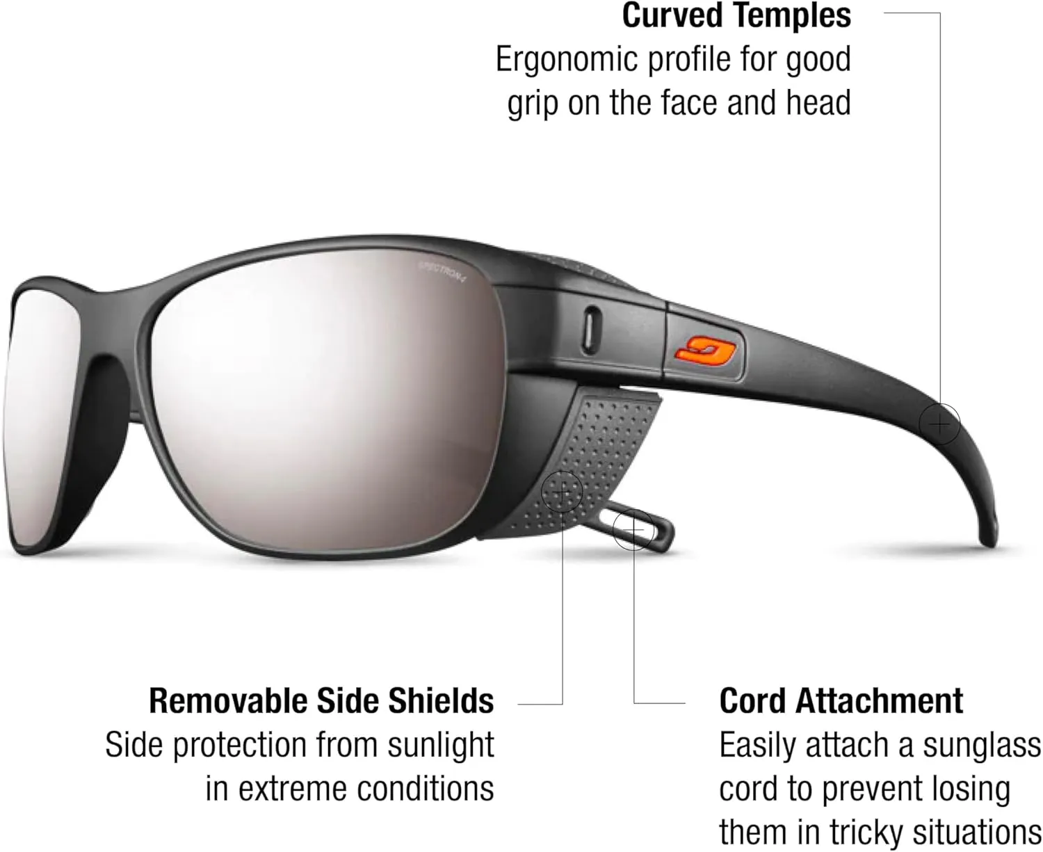 Julbo Camino Glacier Sunglasses for Men & Women w/Removable Side Shields for Mountaineering, Hiking, Skiing, and Trekking