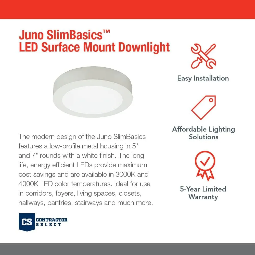 Juno JSBC 5IN 30K 90CRI WH M6 SlimBasics LED Surface Mount Downlight, 5-Inch, 3000K | White