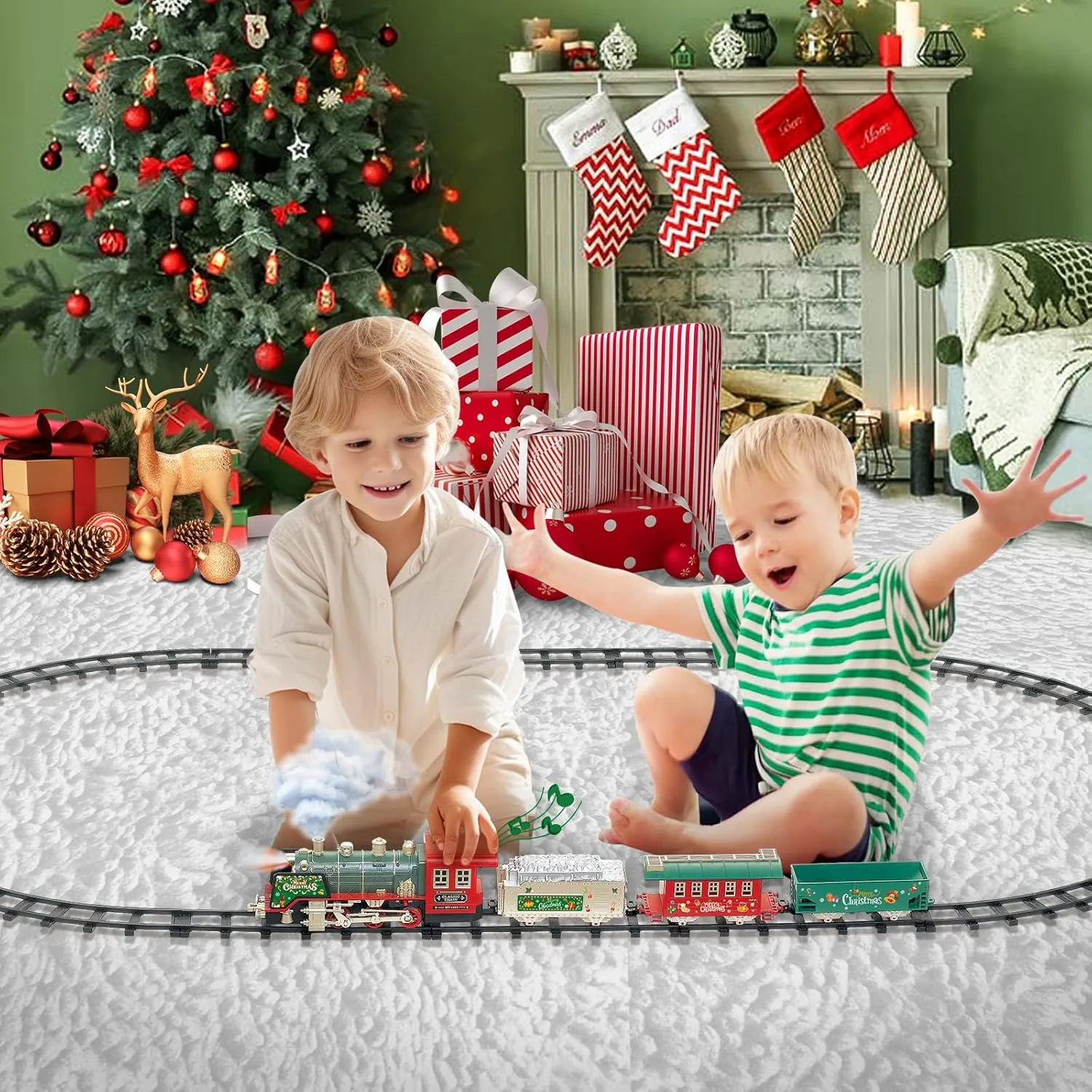 JUQU Christmas Train Set with Remote Control, Smoke, Whistle & Lights, Perfect for Around the Tree, Boys' Toy Train Set, Ages 3-8
