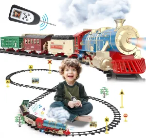 JUQU Train Set for Boys -Remote Control Train Toys-Electric Train w/Smokes, Steam Locomotive w/Lights & Sound, Cargo Car and Tracks, Rechargeable Battery Christmas Toy Train for Age 3 4 5 6 7 8  Kids