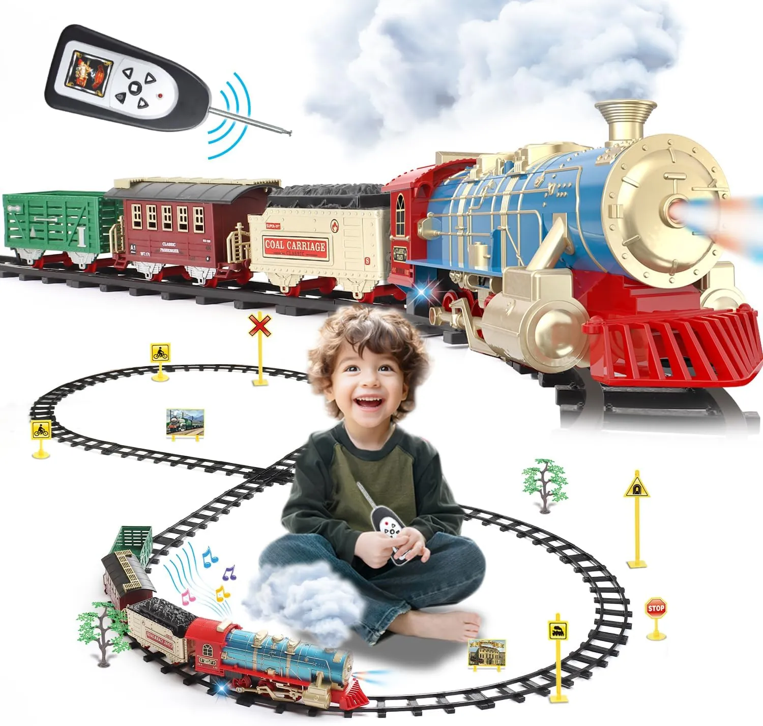 JUQU Train Set for Boys -Remote Control Train Toys-Electric Train w/Smokes, Steam Locomotive w/Lights & Sound, Cargo Car and Tracks, Rechargeable Battery Christmas Toy Train for Age 3 4 5 6 7 8  Kids