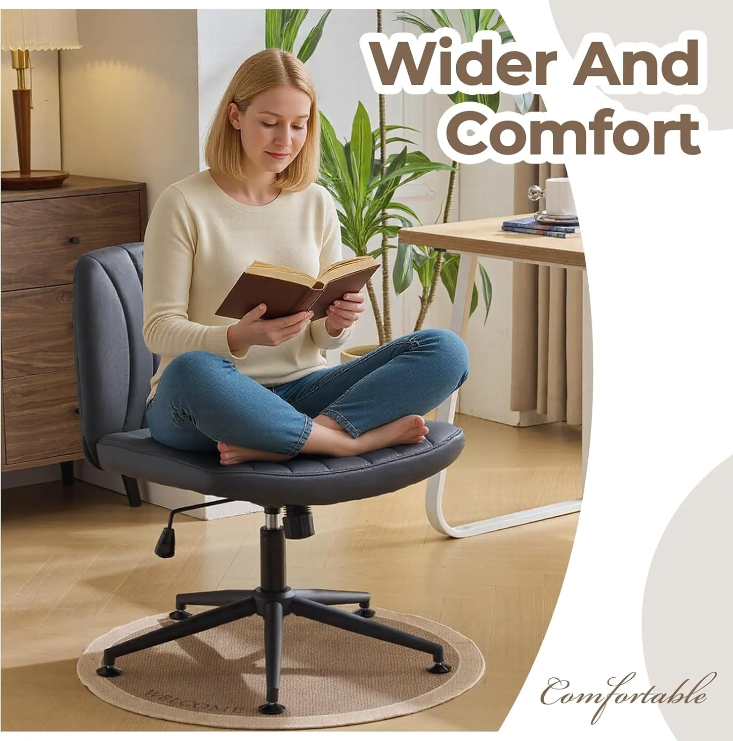 Karl home Criss Cross Chair Armless Desk Chair with Wheels Cross Legged Office Swivel Chair Wide Adjustable Comfy Padded Vanity Chair with Dual Purpose Base, PU Black