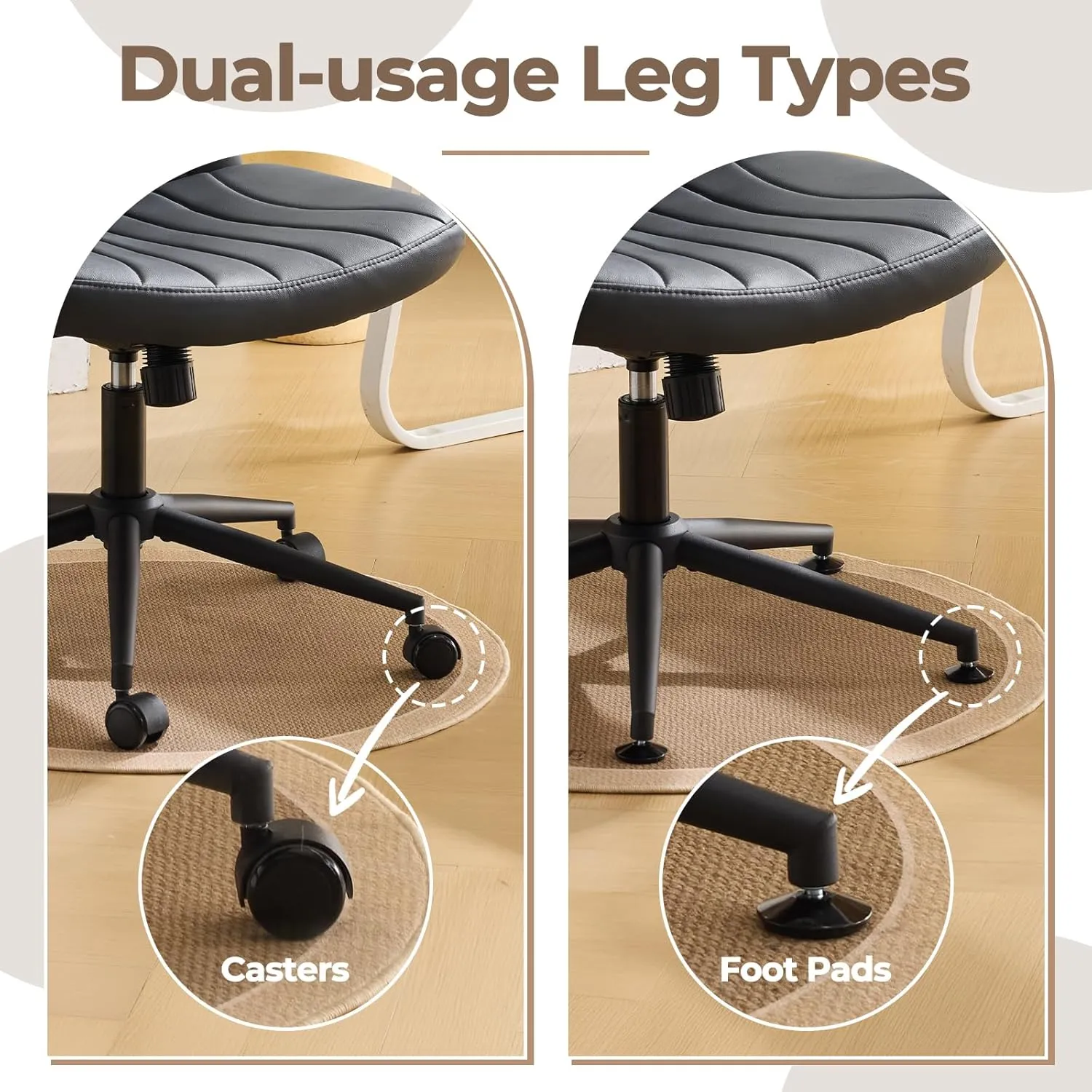 Karl home Criss Cross Chair Armless Desk Chair with Wheels Cross Legged Office Swivel Chair Wide Adjustable Comfy Padded Vanity Chair with Dual Purpose Base, PU Black