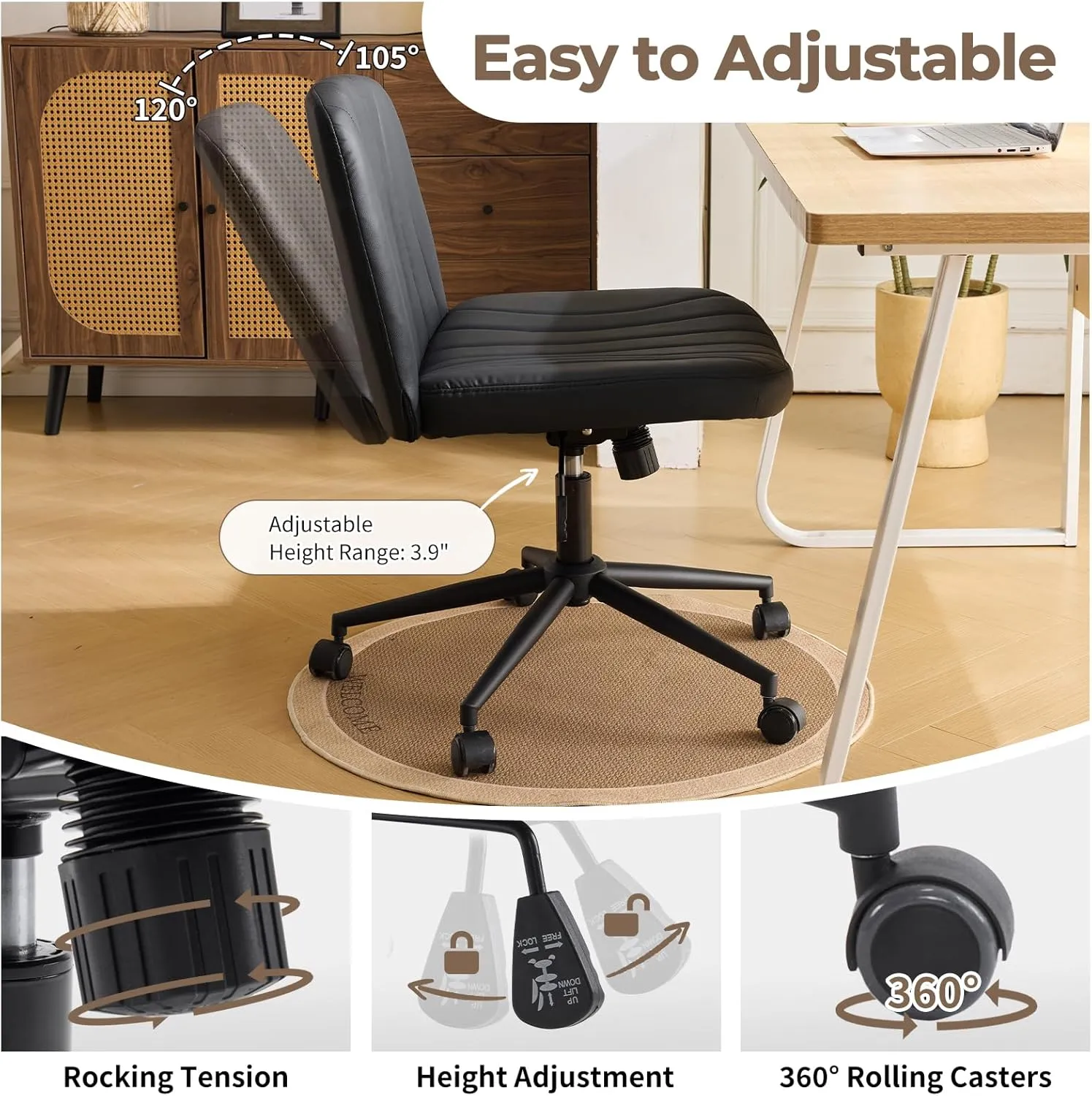 Karl home Criss Cross Chair Armless Desk Chair with Wheels Cross Legged Office Swivel Chair Wide Adjustable Comfy Padded Vanity Chair with Dual Purpose Base, PU Black