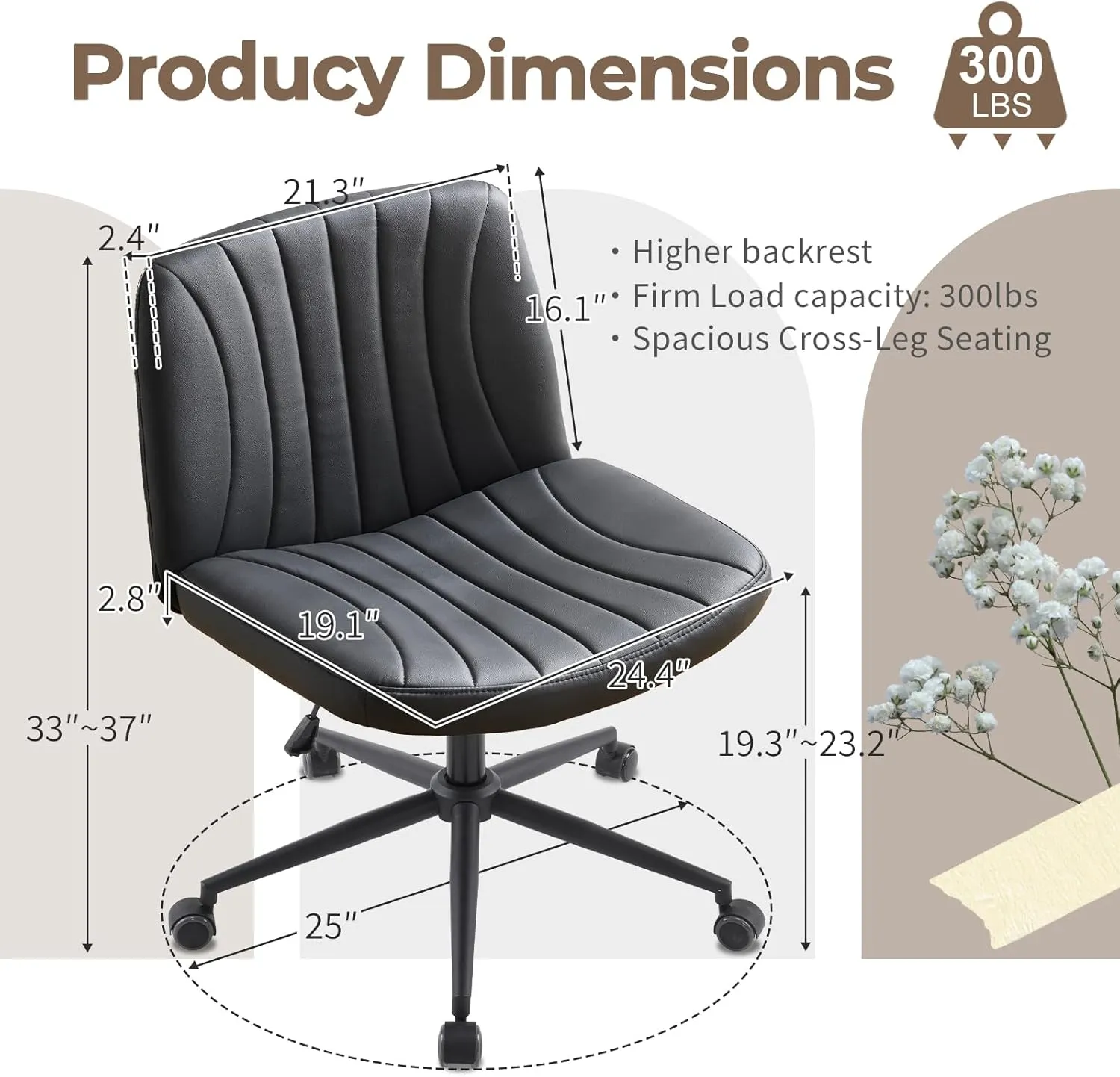 Karl home Criss Cross Chair Armless Desk Chair with Wheels Cross Legged Office Swivel Chair Wide Adjustable Comfy Padded Vanity Chair with Dual Purpose Base, PU Black