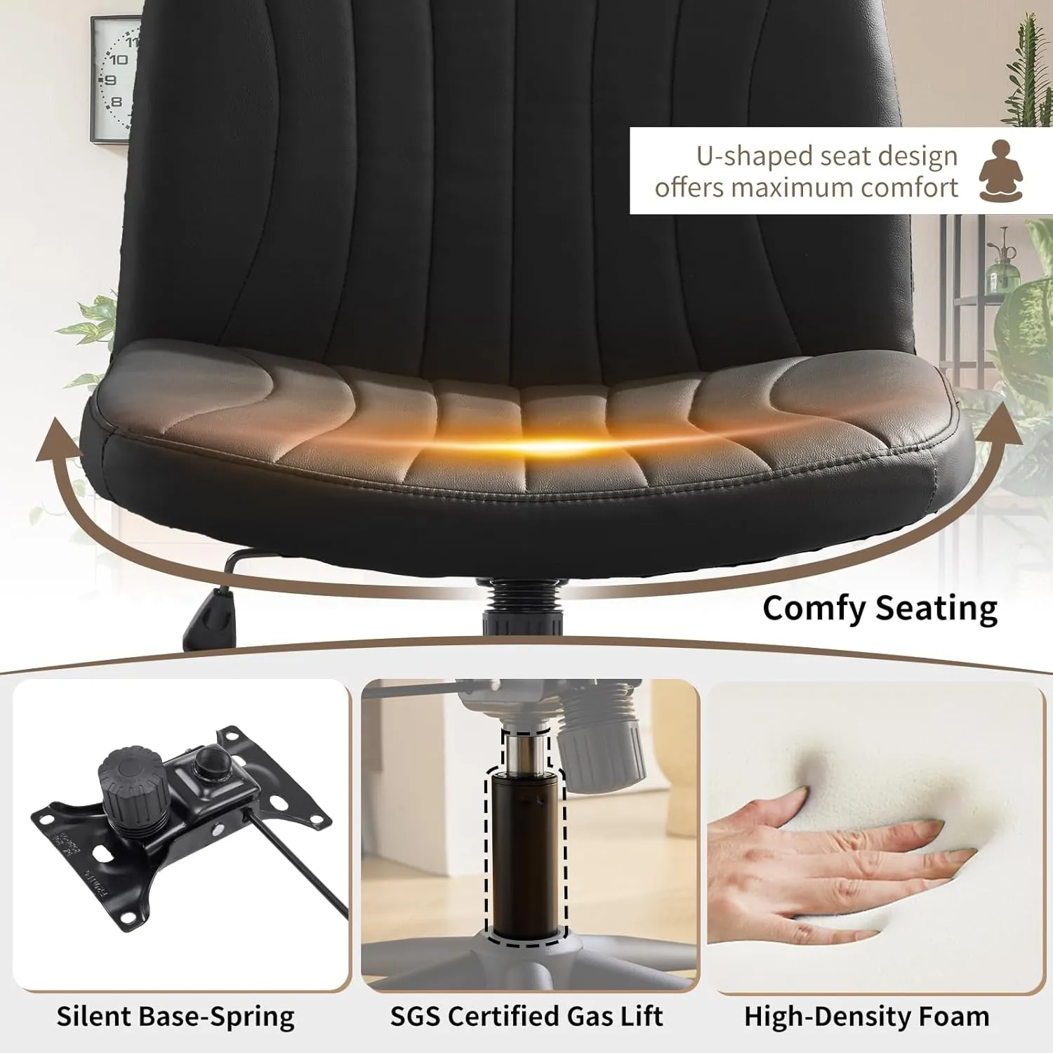 Karl home Criss Cross Chair Armless Desk Chair with Wheels Cross Legged Office Swivel Chair Wide Adjustable Comfy Padded Vanity Chair with Dual Purpose Base, PU Black