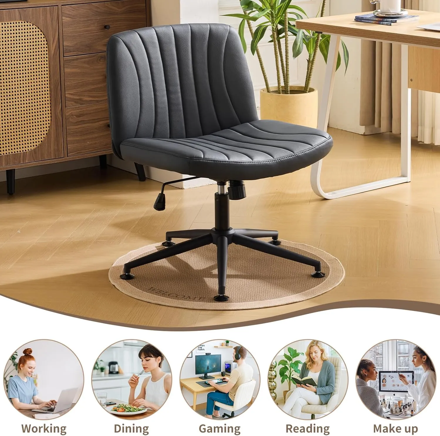 Karl home Criss Cross Chair Armless Desk Chair with Wheels Cross Legged Office Swivel Chair Wide Adjustable Comfy Padded Vanity Chair with Dual Purpose Base, PU Black