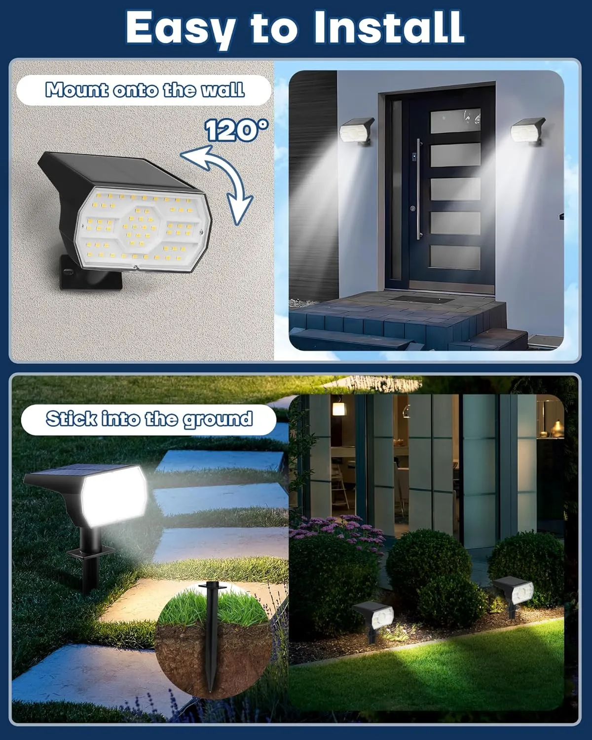 Kaxiida Solar Lights Outdoor Waterproof IP68, 3 Lighting Models Solar Powered Spot Lights Outdoor, 56LED Dusk to Dawn for Yard Patio Garden Pathway Landscape Lighting