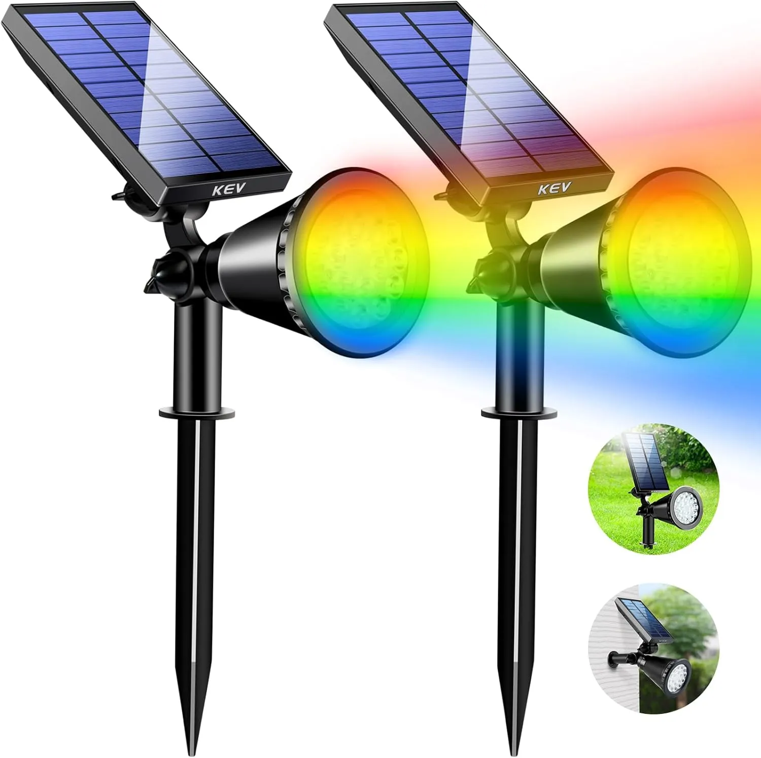 KEV Solar Spot Lights Outdoor,18 LEDs Solar Flood Lights with 8 Modes &Colored Adjustable &IPX65 Waterproof,Halloween Solar Spotlight for Driveway/Backyard/Landscape/Tree/Garage(Multicolor,2 Pack)