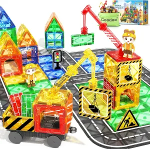 Kids Games Magnetic Tiles with 2 Cranes Construction Toys Set Sensory Toys for Boys Girls Ages 3-6 5-7 8-13, Gifts for 3  Year Old Boys Girls Toddler Outdoor Kids Toys with Car