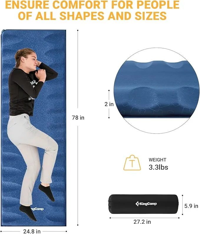 KingCamp Self Inflating Sleeping Pad for Camping, Ultralight Portable Camping Cot Mat, Inflatable Luxury Camping Air Mattress Pad for Hiking, Outdoor, Car, Tent