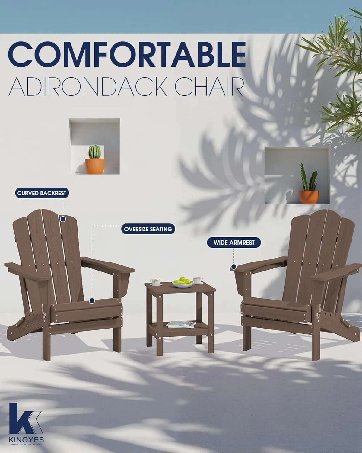 KINGYES Folding Adirondack Chair Set of 2, HDPE All-Weather Folding Adirondack Chair, Brown