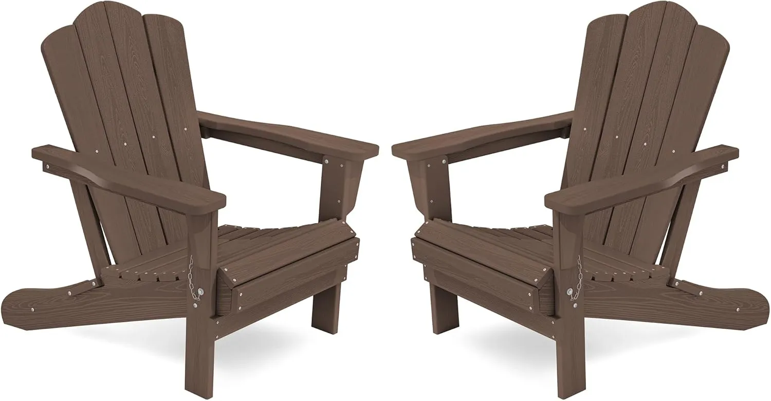 KINGYES Folding Adirondack Chair Set of 2, HDPE All-Weather Folding Adirondack Chair, Brown