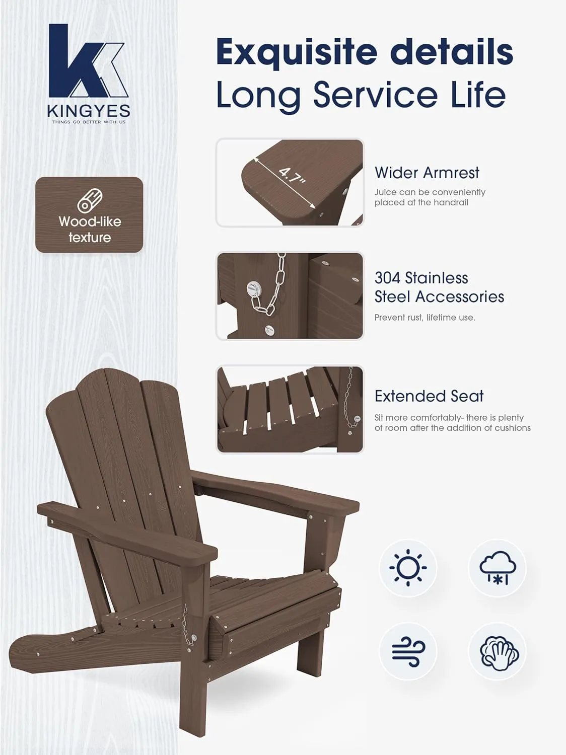 KINGYES Folding Adirondack Chair Set of 2, HDPE All-Weather Folding Adirondack Chair, Brown
