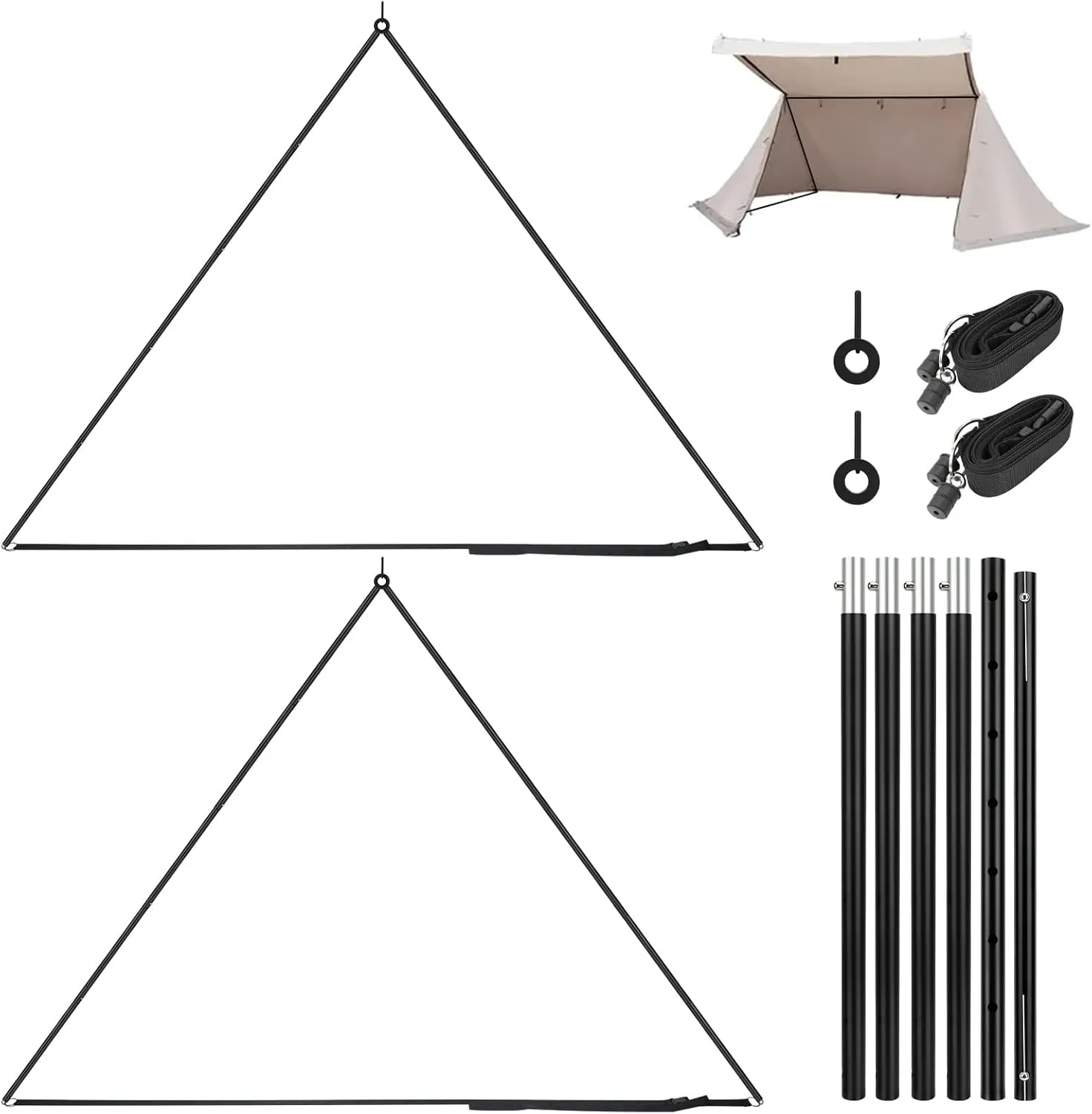 KOMCLUB 2 Set Telescoping Triangle Tent Poles Adjustable Aluminum Alloy Tarp Poles with Adjustable Straps and Horizontal Tent Pole Suitable Portable Trekking Pole Tent for Ultralight Backpacking Tent