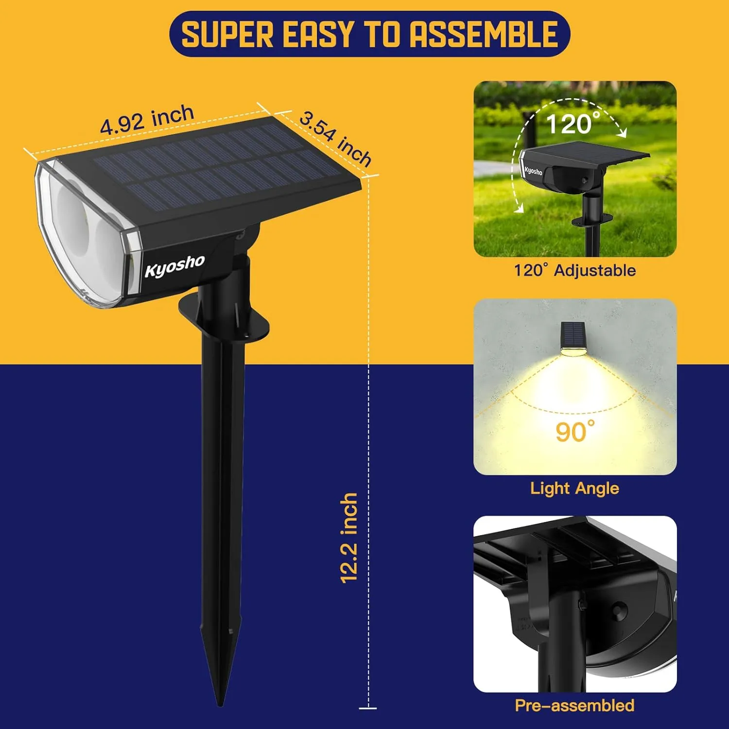 Kyosho Solar Spot Lights Outdoor, IP67 Waterproof 38 LED Solar Powered Landscape Spotlights for Yard, Garden, Driveway, Walkway, Auto On/Off, 3 Modes, 6 Pack
