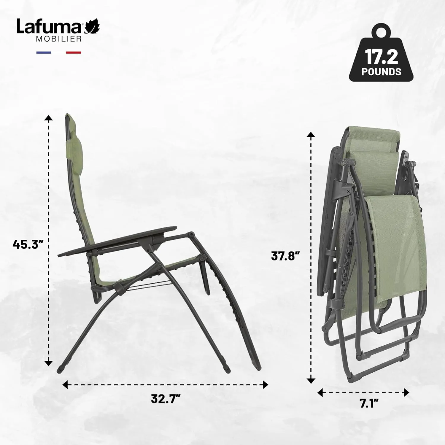 Lafuma Futura Series Patio and Poolside Zero Gravity Outdoor Lounge Recliner Chair with Adjustable and Removable Headrest, Moss Green