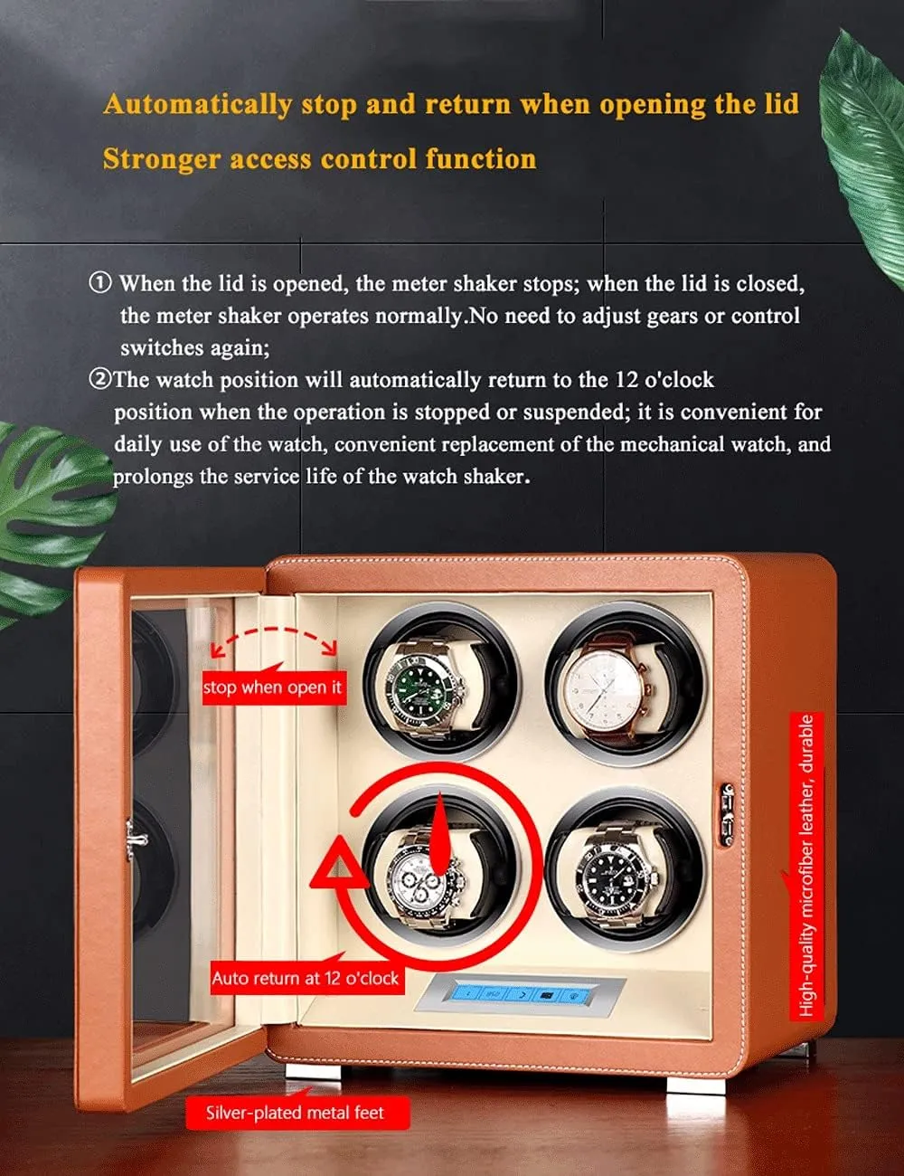 Leather Watch Winder, 3slot, Quiet Motor, Fiberboard Case, Smart Touch, Acrylic, LED Light, 6 Modes, Watch Shaker Watch Winder Display Watch Box Case Watch Storage