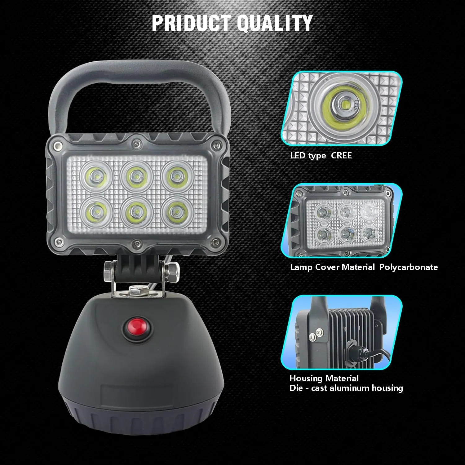 LED 18W Work Light 2400LM Aluminum Alloy Strong Magnetic Waterproof Dustproof Portable Handle Floodlight Suitable for Repair Workshop Garage Construction Site (Black)