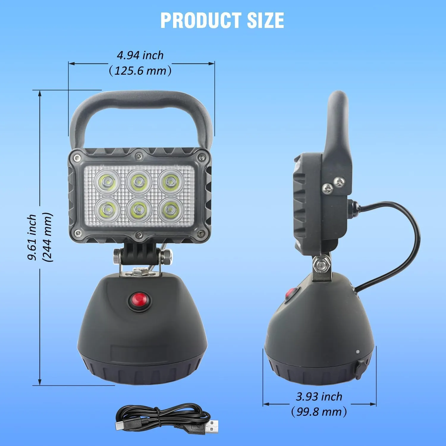 LED 18W Work Light 2400LM Aluminum Alloy Strong Magnetic Waterproof Dustproof Portable Handle Floodlight Suitable for Repair Workshop Garage Construction Site (Black)